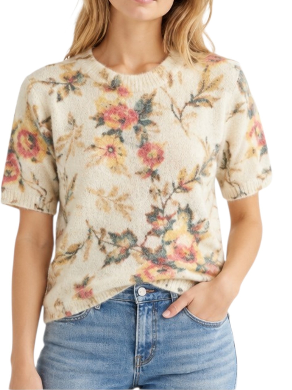 Joie S Fuzzy Floral Short Slv Sweater Ivory Cottagecore Romantic Knit Coquette